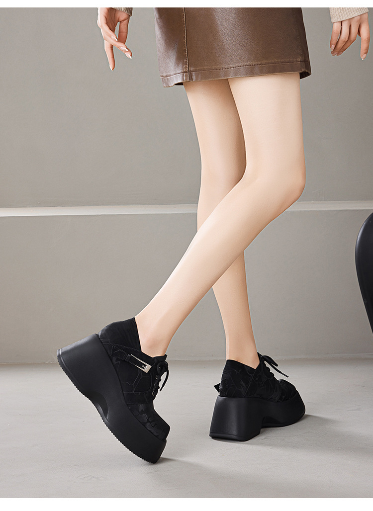Giày sneaker nữ đế dày 10 cm buộc dây phong cách bệt platform — màu đen chi tiết 7