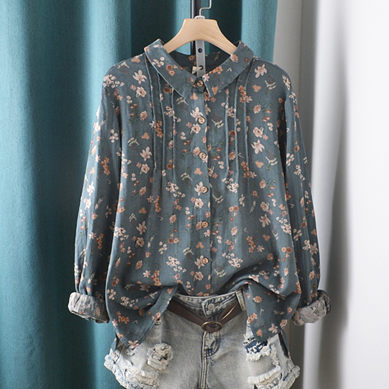 Japanese-Style Pastoral Floral Doll Collar Ruched Top, Vintage Artistic Loose Cotton Long-Sleeve Shirt for Women