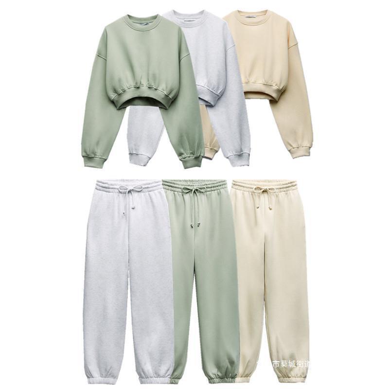 Autumn European and American Clothing Basic Cotton Short Sweatshirt Elastic Waist Tie Jogging Pants 8417804