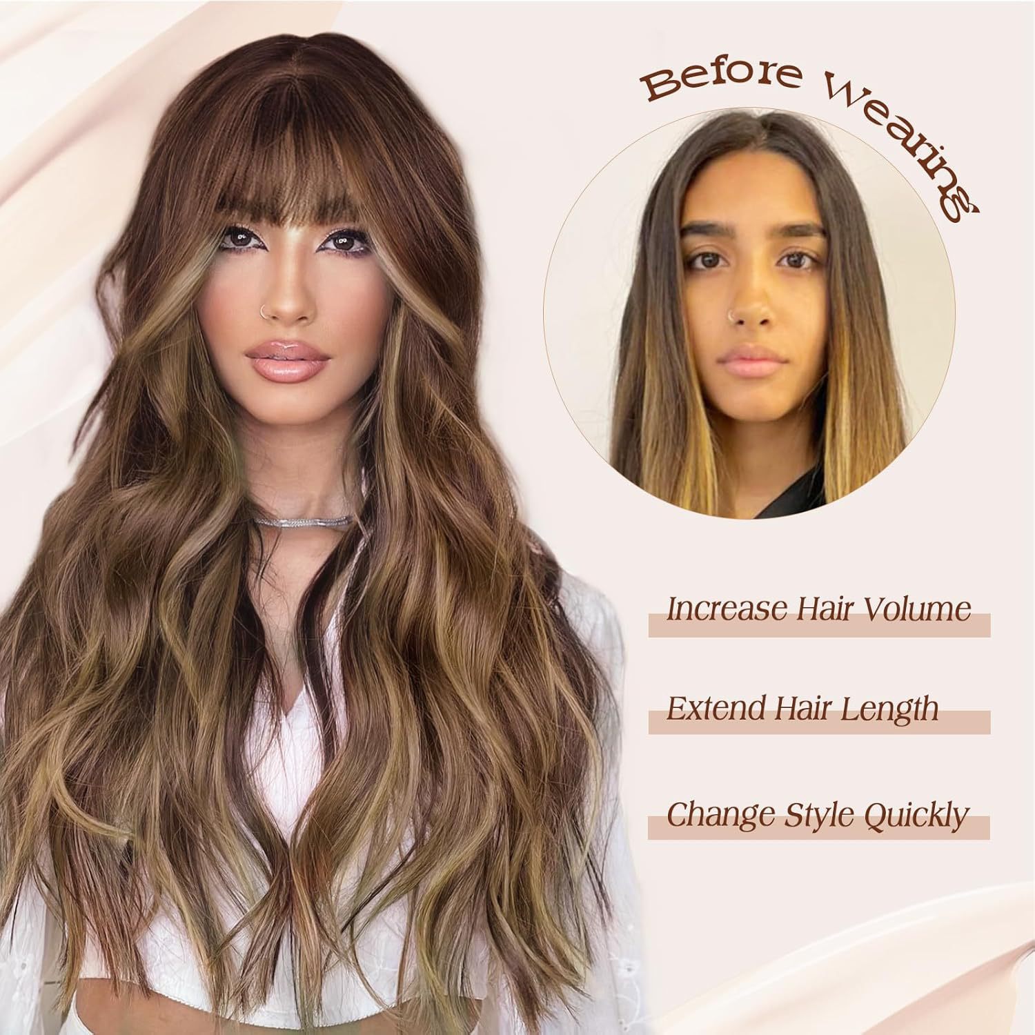 Synthetic Long Wavy Wig With Bangs Gradient Big Wave Hairpiece_voghion.com