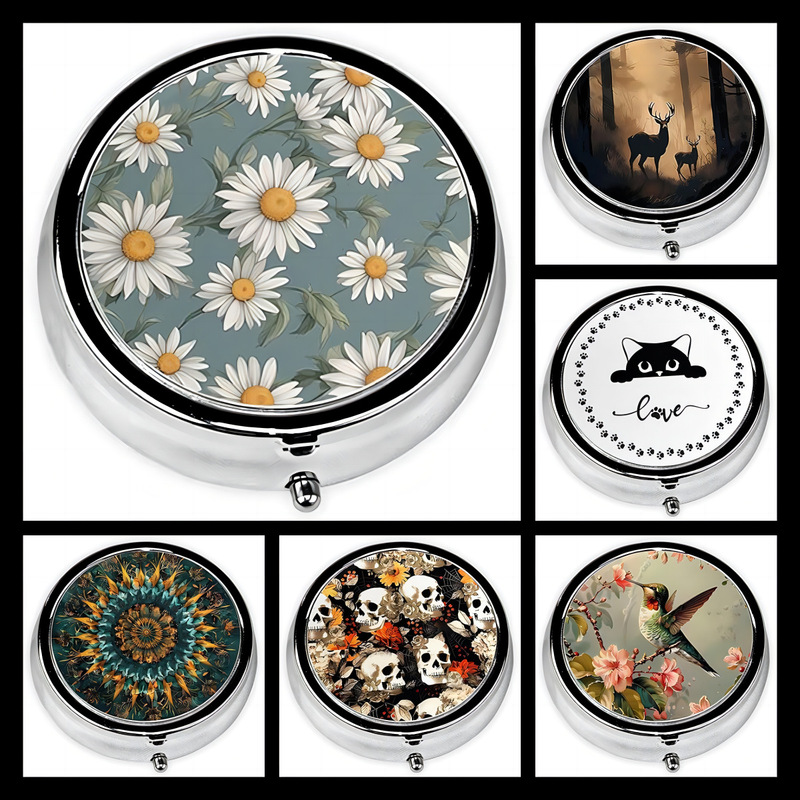 European and American Middle East Cross-Border Sublimation Manufacturer Direct Sales Creative Portable Round Three-Compartment DIY Printed Metal Medicine Box