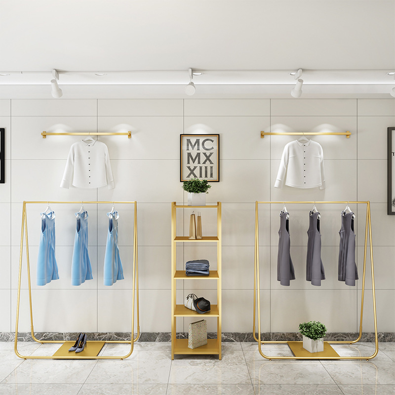 服装店铁艺服装架 落地式衣服展示架童装店货架挂衣架金色衣帽架