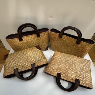 Natural Straw Woven Solid Wood Handle Double-Handle Design Vacation-Style Handbag Versatile Retro Straw Bag Ins Style