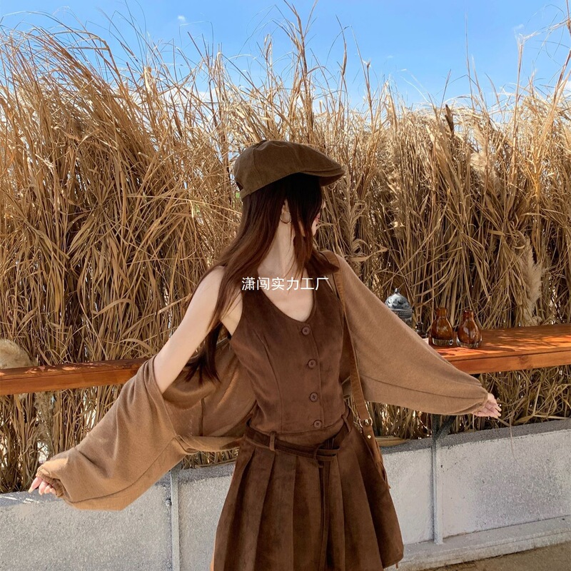 复古POLO领麂皮绒百褶连衣裙女2025秋季新款收腰显瘦背心A字短裙|undefined