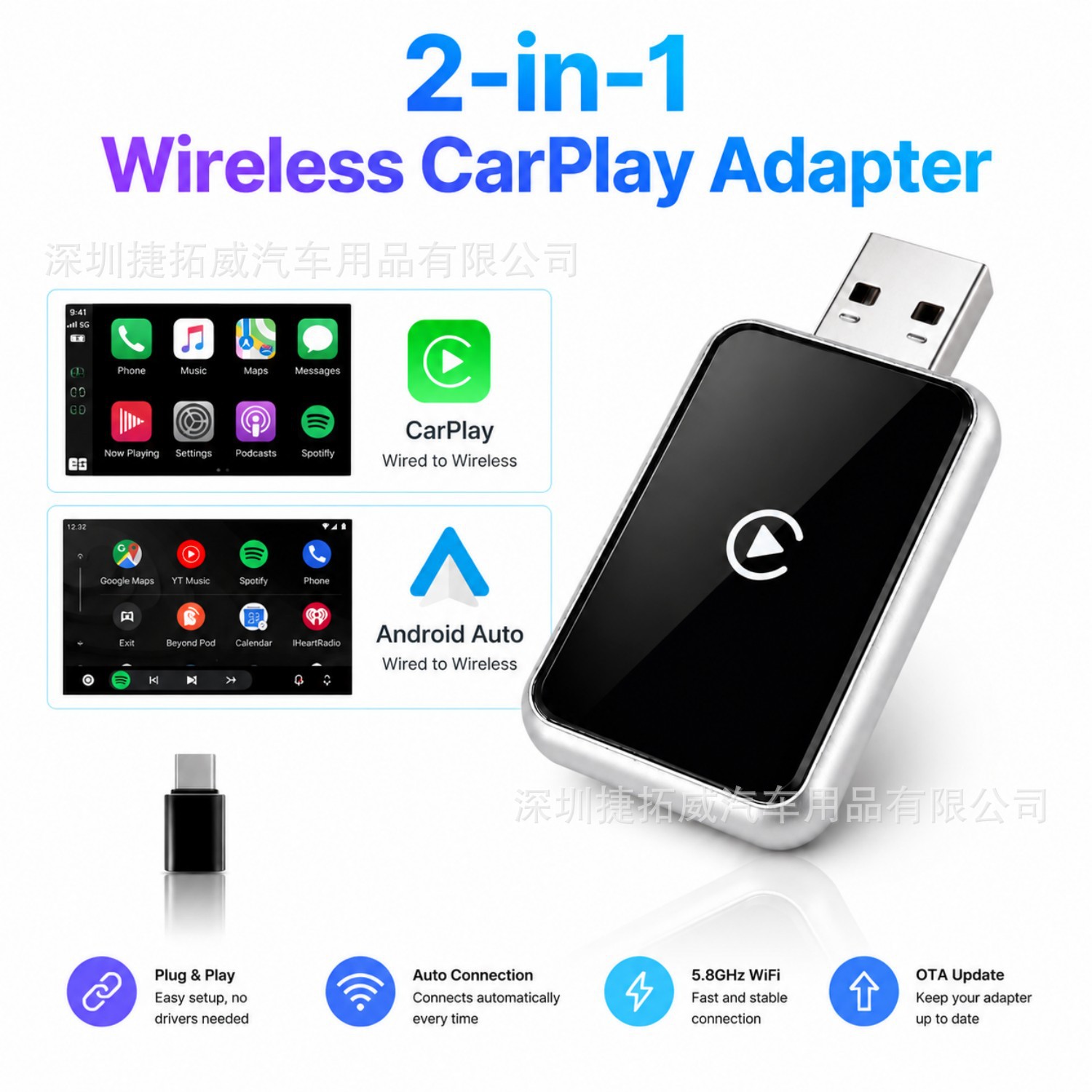 2-in-1 Wireless CarPlay Box: Converts Original Wired CarPlay to Wireless Android Auto Car System Interconnection Adapter