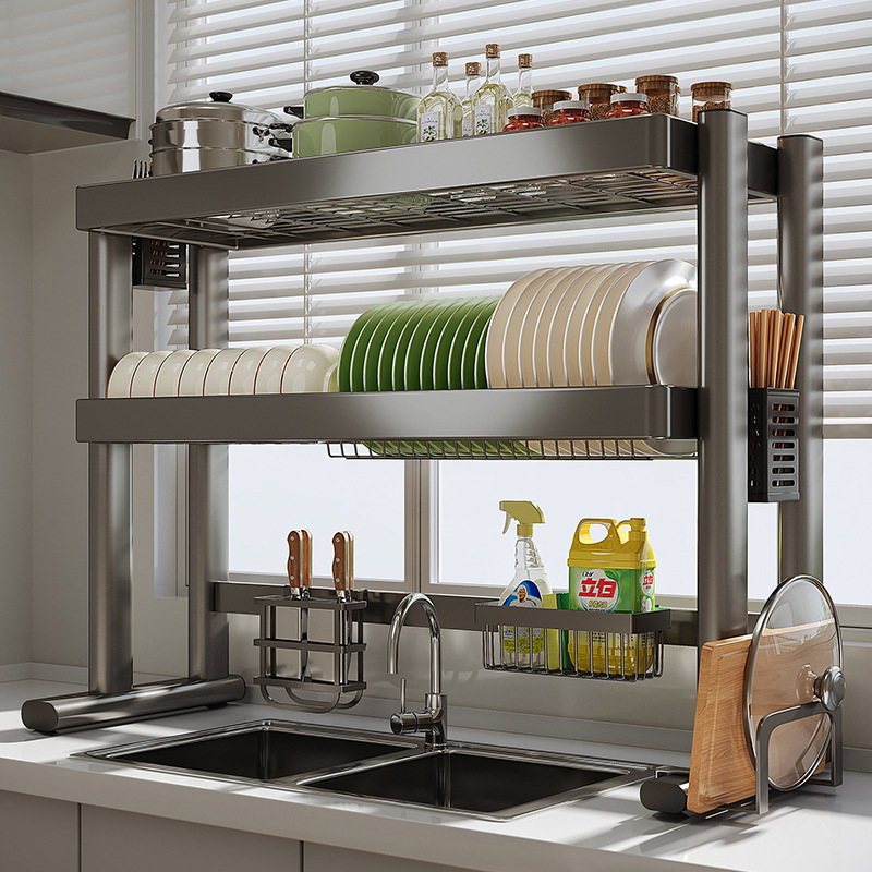 Estante para fregadero de cocina, encimera, estante de almacenamiento para platos, estante para lavavajillas multifuncional, estante para platos, estante para drenar en la piscina