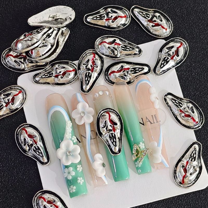 Cross-Border Popular Halloween Ghost Grimace Nail Art Accessories Dark Style Scary Grimace Alloy Nail Decoration Wholesale