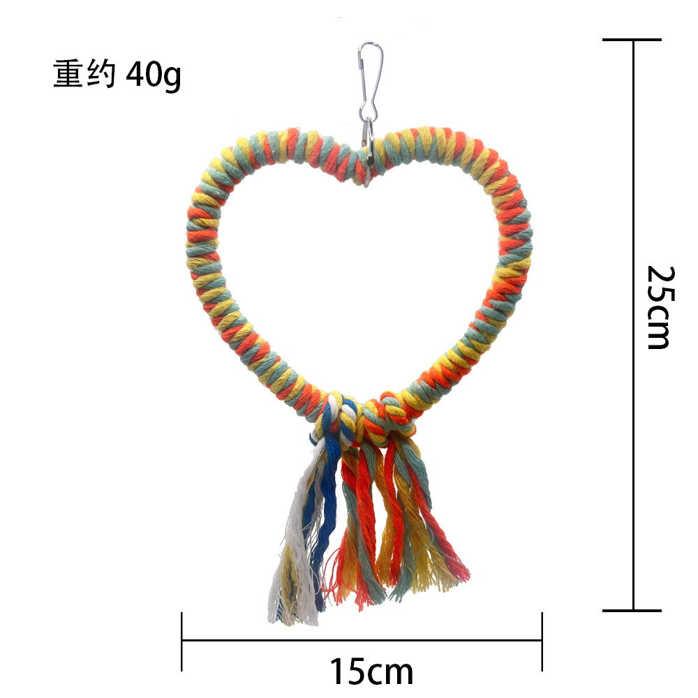 Amor cuerda de algodón en forma de corazón columpio colorido juguete para pájaros loro percha escalada boca de la estación marco de la jaula de pájaros accesorios de decoración al por mayor