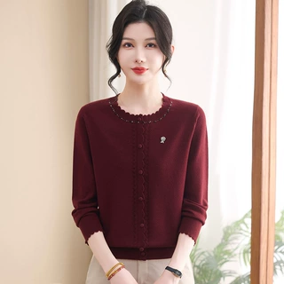 时尚洋气妈妈装拼接针织衫女春秋新款上衣岁中老年毛衣打底衫套装