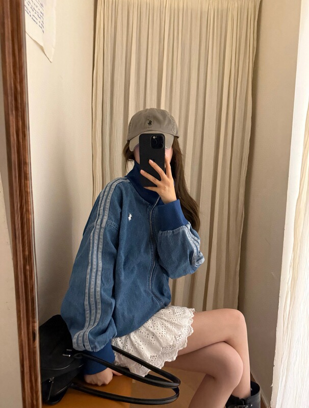 现货RL拉夫立领宽松牛仔外套条纹带饰侧边设计感拼接外套宽松高版|undefined