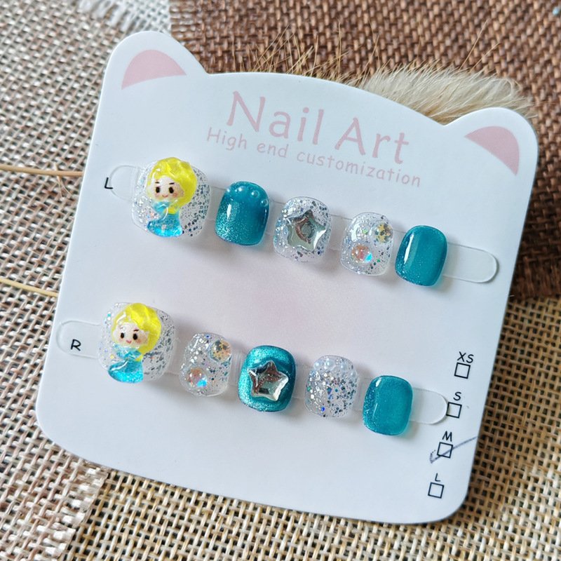 Princess Elsa Children's Manicure, Purely Handmade, Cartoon Sweet Cat-Eye Nail Patches, Cute Wearable Nails for Little Girls