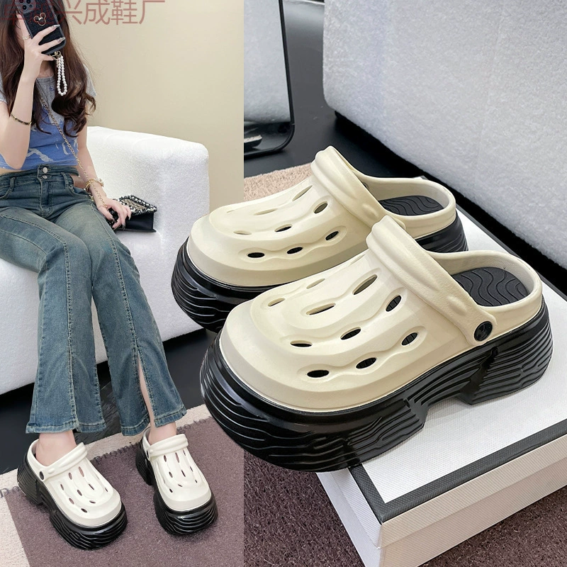Женские пещерные туфли летом носят новые ультра-толстой подошве тапочки женская мода сеть красная увеличенные нескользящие и противоскользящие холодные тапочки женская