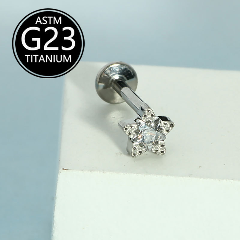 F136 Titanium Alloy Sweet Five-Pointed Star Inlaid Zircon Earrings Mini Star Ear Bone Nails Lip Nails Body Piercing Jewelry detail image 7