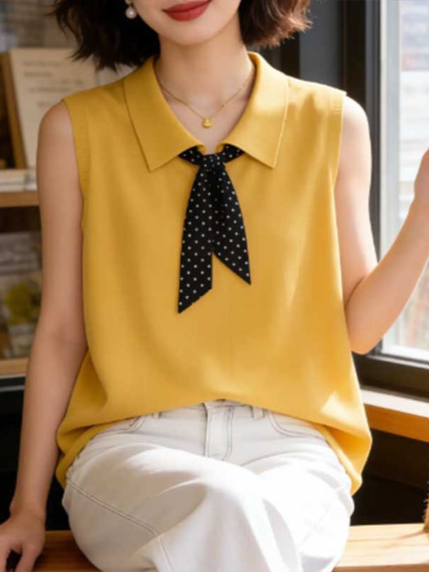 Áo len cổ Polo dệt kim tay ngắn họa tiết chấm bi lụa phối khăn, form rộng thoải mái — Màu ảnh