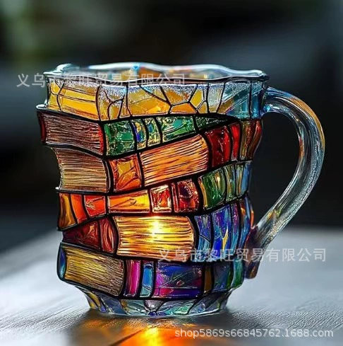 Кружка для кофе сLedger-стопкой книг, расписанная 3D-рисунок, стекло или смола, 13×10×10 см, опция ложки