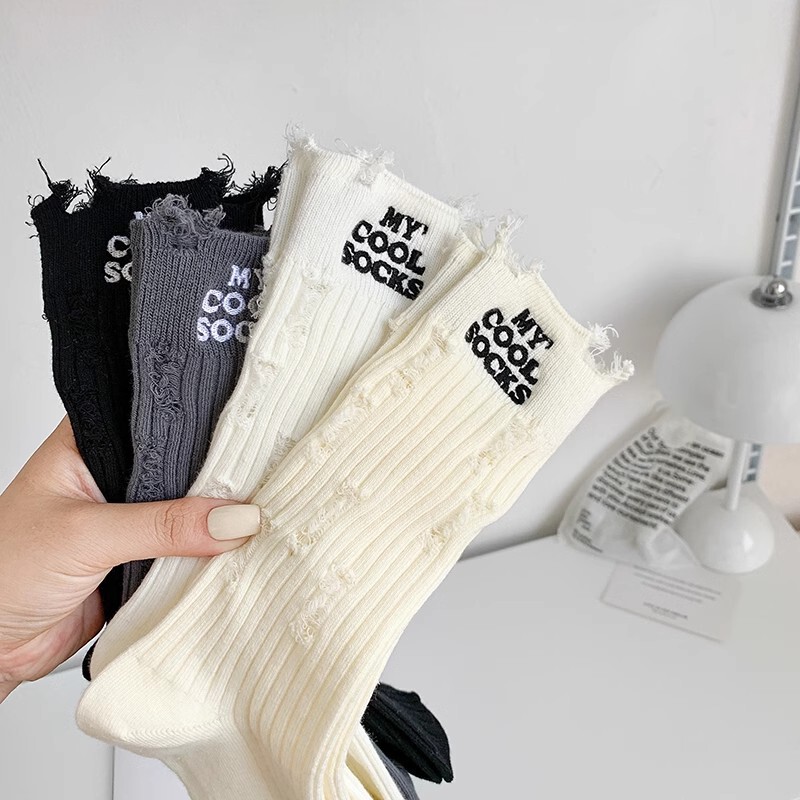 New Ripped Socks for Girls, Spring and Autumn Thin Style, Solid Color Cotton Long Socks, Distressed Socks, Stacked Socks Design, Sweat-Absorbing Mid-Length