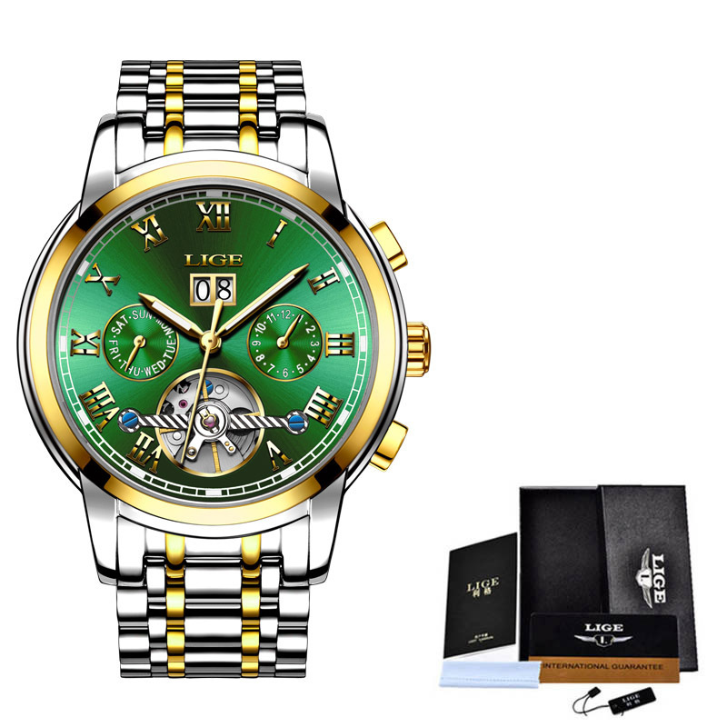 LIGE 9813 caliente-venta hueco transparente Tourbillon multifunción reloj mecánico automático correa de acero reloj de hombre