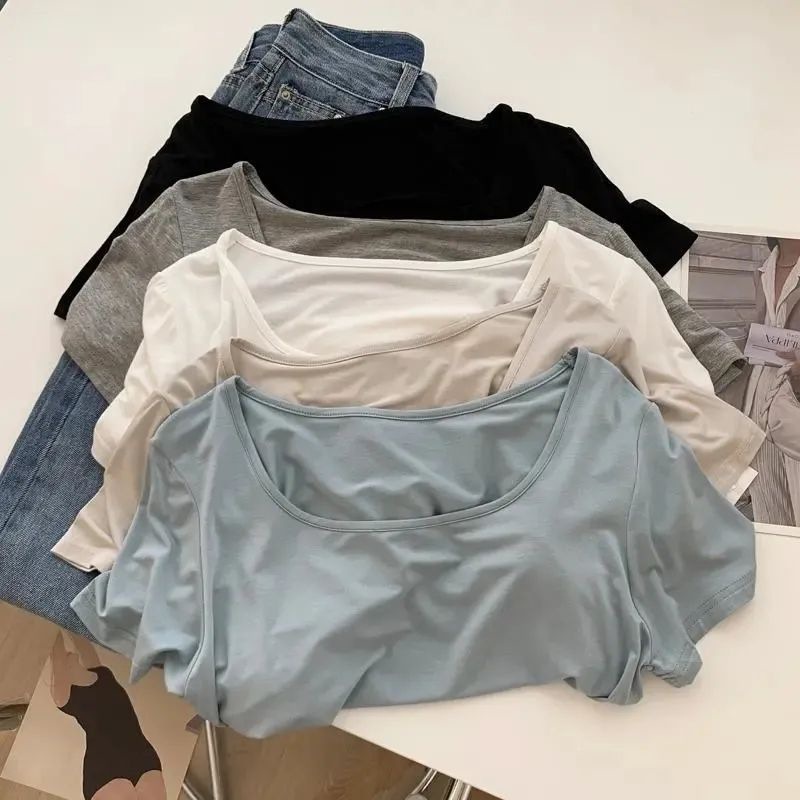 Basic Draped Ice Silk Square Collar Right Shoulder Short-Sleeved T-Shirt for Women Summer Slim Short Bottoming Casual Thin Top