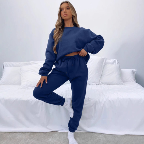 Women's Solid Color Round Neck Long Pants Set for Autumn and Winter, Fashion Casual Long Sleeve Hoodie Set, New Arrival