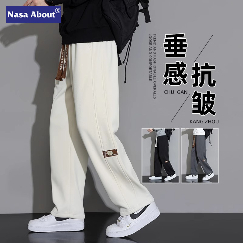 NASA Men's Spring and Autumn 2025 New Straight Sports Pants Loose Wide Leg Fall and Winter fleece-lined Casual Long Pants