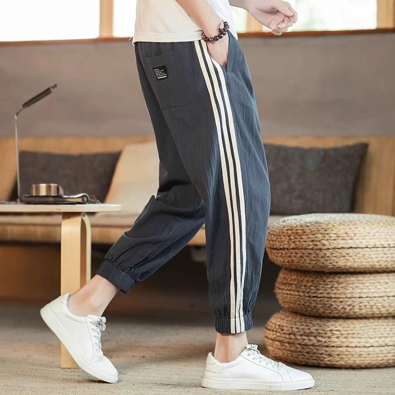 New Style Striped Pants Men's Summer Thin Men's Casual Pants Trousers Trendy Brand Bundled Foot Sports Pants Cotton and Linen Ankle-length Pants