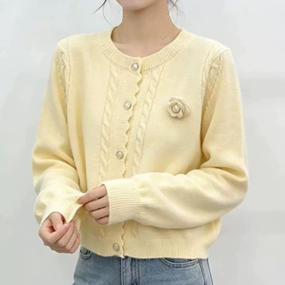 2026秋冬新款圆领温柔风花朵蕾丝边单排扣宽松短款针织衫毛衣外套
