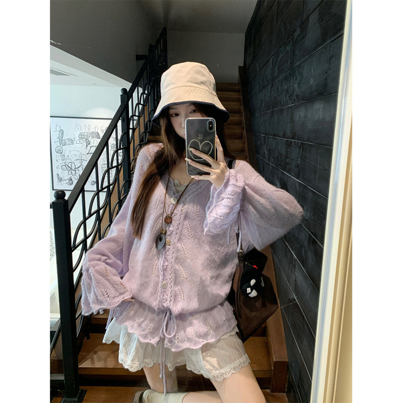 秋季新款温柔甜辣妹抽绳钩花毛衣+花边吊带上衣套装女|undefined
