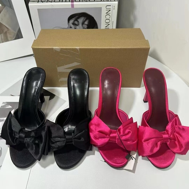 Za 2025 New Spanish Spring Women's Shoes Big Bow Decoration Polyester Rose Red Thin High Heel Women's Sandals