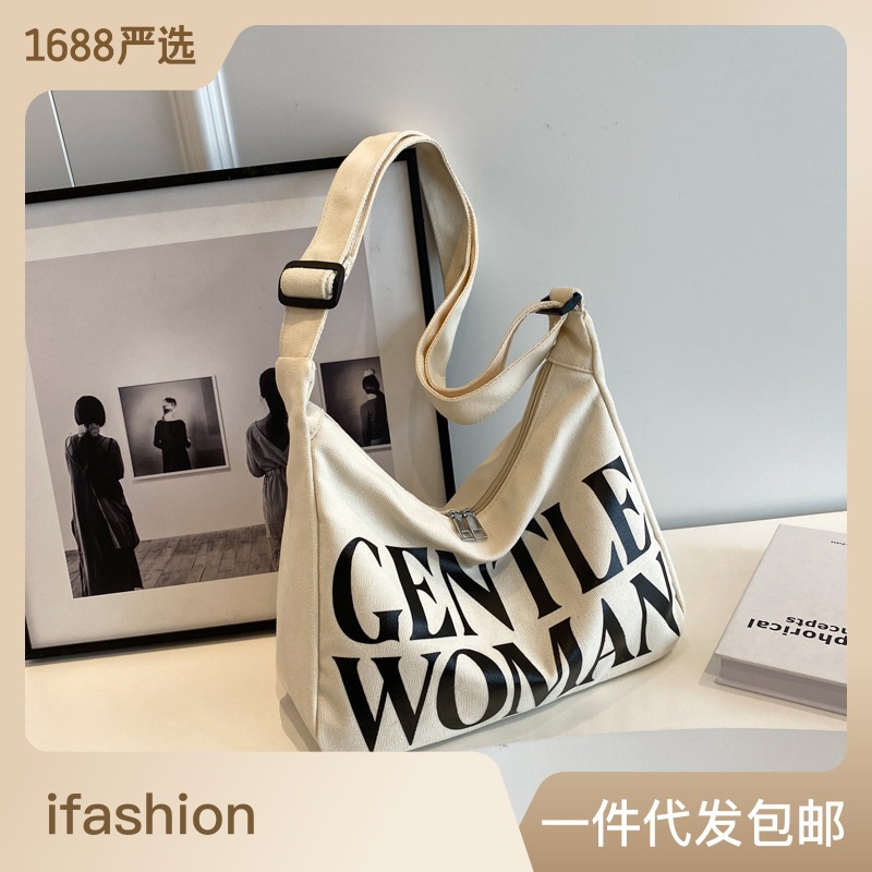 Thai internet celebrity canvas crossbody bag for women's fashion printed bag manufacturer wholesale double-sided letter versatile single shoulder tote bag