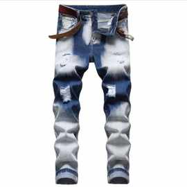 跨境男装破洞牛仔裤 直筒修身破洞亚马逊男士黑色牛仔长裤