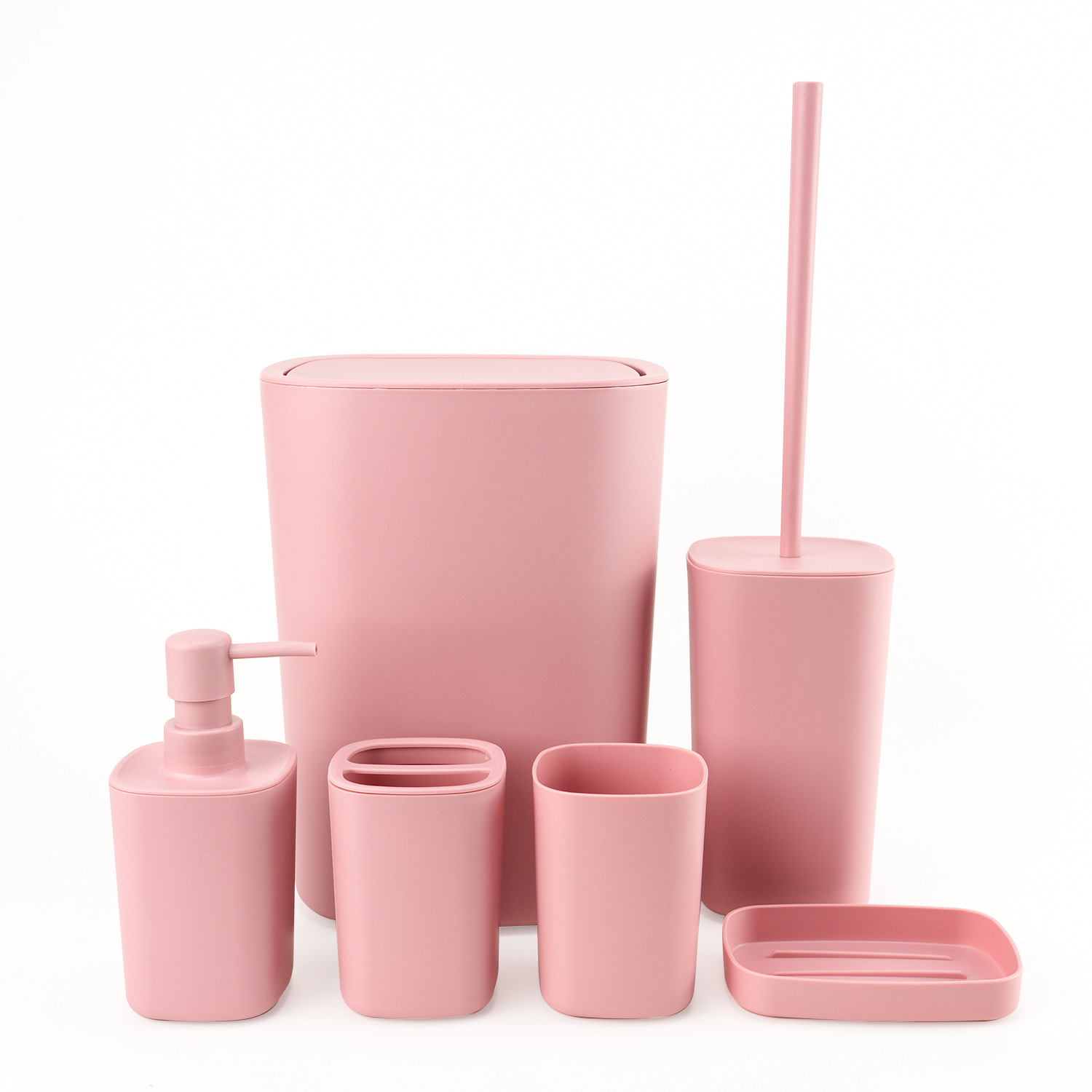 Suministros de baño de plástico cuadrado Juego de seis piezas de enjuague bucal, estante para cepillado, caja de jabón, almacenamiento de baño, juego de baño, cepillo de baño