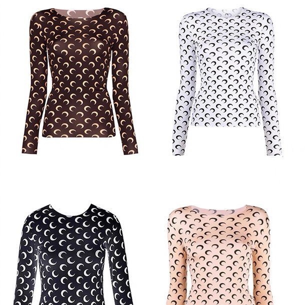 In-Stock Marin*E Base Shirt Moon Print Stretch Long Sleeve Tight Sun Protection Shirt Celebrity Style T-Shirt