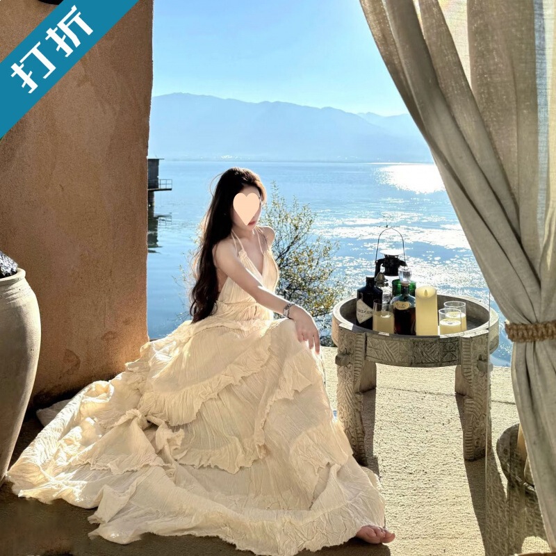 Tailand Ruffled Cake-Length Dress with a Fairy-Like Vibe, Deep Backless Dress for Seaside Vacation and Beach Wear