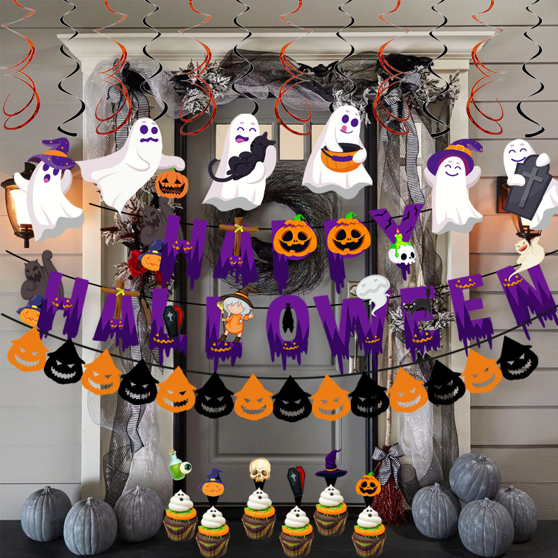 Decoración de Halloween tira banderas impresas calabazas de Halloween Espantapájaros tira flores colgante fantasma set fiesta fantasma