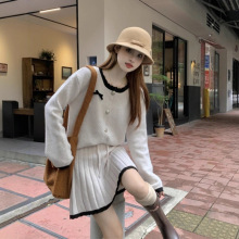 法式小香风针织开衫套装女春秋新款韩版宽松ins百褶短裙子两件套