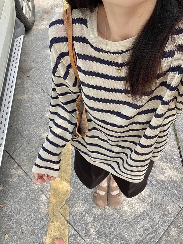 韩系设计感条纹薄款长袖T恤女2025夏季新款慵懒风防晒罩衫上衣|undefined