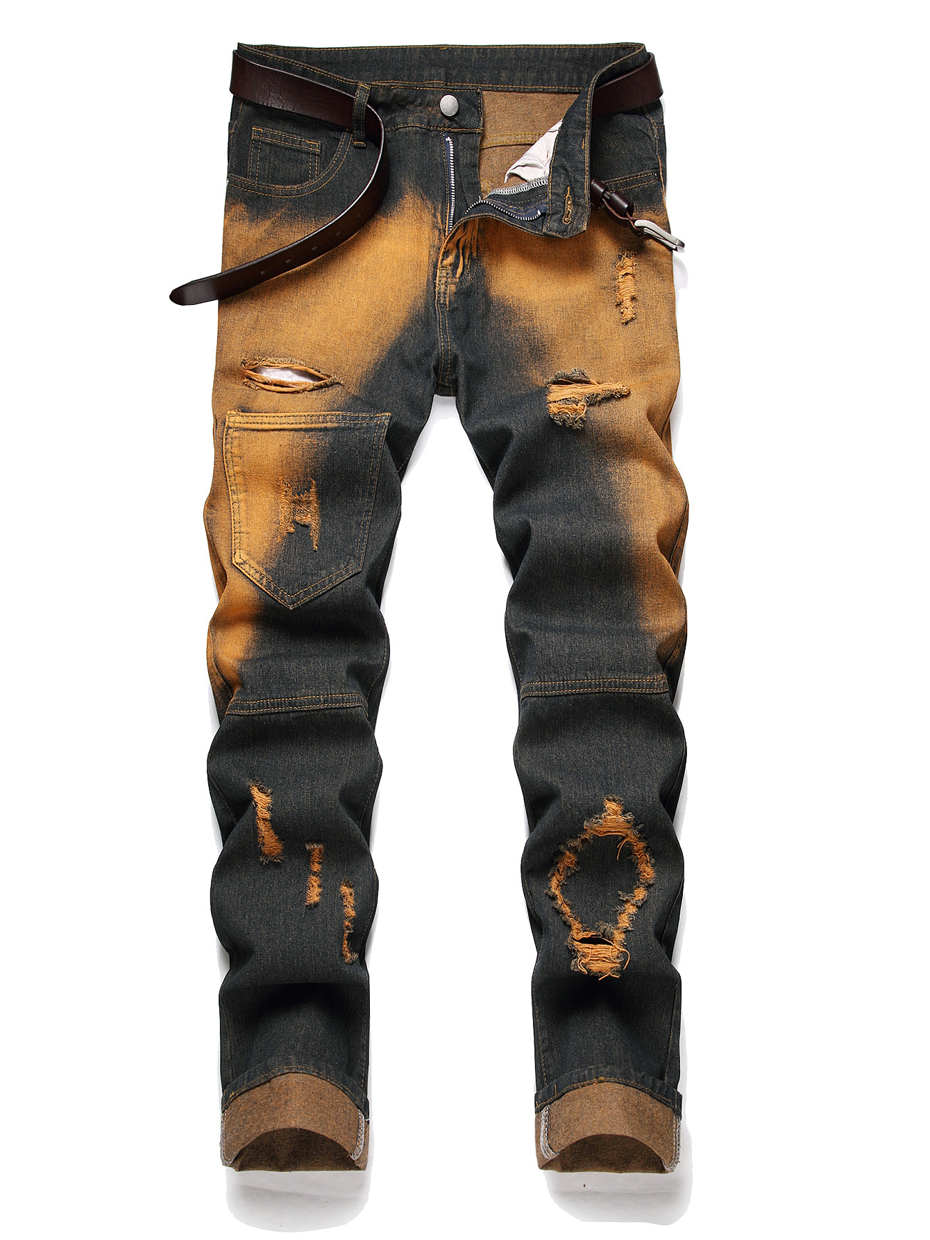 Men's Distressed Retro Straight Leg Jeans Slim Fit Wish Denim Trousers_mkmklike.com