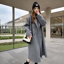 中长款毛呢外套女秋冬胖mm学生直筒宽松过膝双排扣慵懒风衣厚