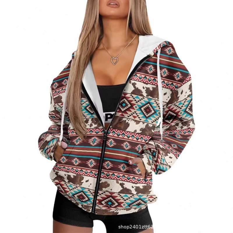 European and American Women's Retro Aztec Style St. Patrick's Clover 3D Printed Hooded Zip-Up Sweatshirt