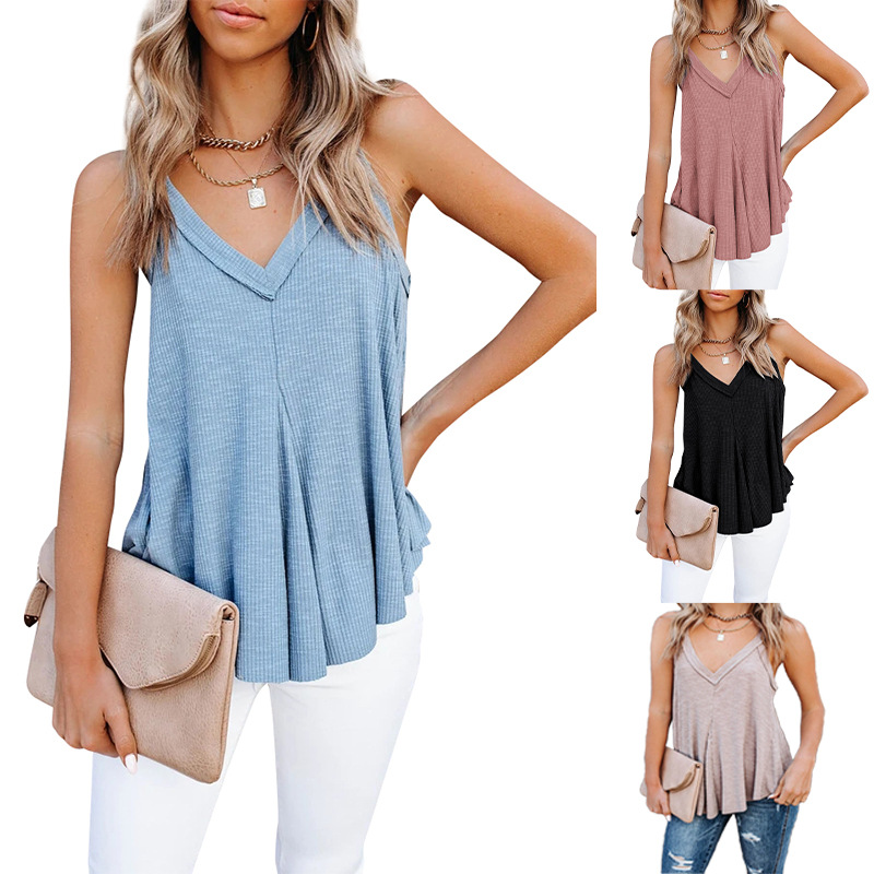 Canotta da donna con scollo a V nuova estate 2024 e top in cotone senza maniche con orlo multiplo irregolare_voghion.com