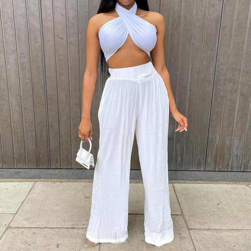 women's solid color vest loose cotton and linen wide-leg pants suit nihaostyles clothing wholesale NSLAI76351