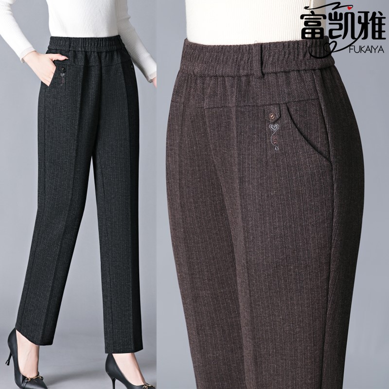 妈妈裤子秋冬款加厚单裤羊毛呢裤外穿宽松休闲直筒中老年女裤加绒