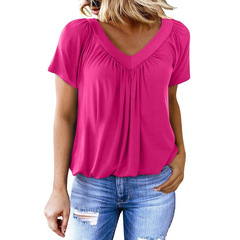 国境を越えた対外貿易欧米アマゾン女装tシャツの新型カジュアルしわ純色vネック半袖tシャツの女性がゆるい