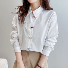 日韩宽松大码森女系彩扣翻领长袖纯色衬衫上衣女装衬衣女装工厂