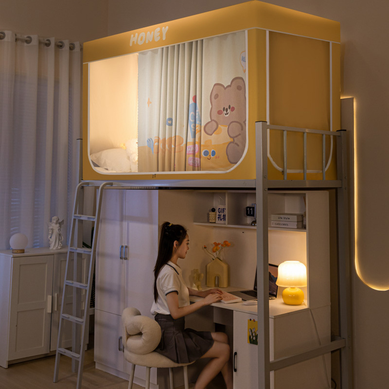 Cortina de cama gruesa de protección de luz fuerte para dormitorio de estudiantes con mosquiteros superiores e inferiores