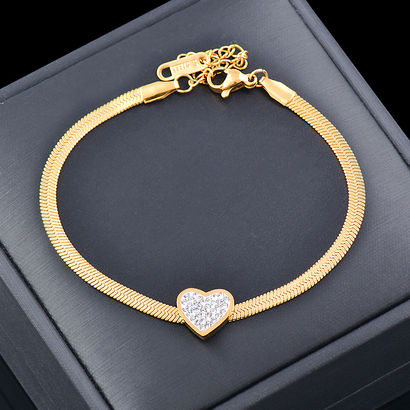 Fashion Heart Shape Titanium Steel Gold Plated Rhinestones Bracelets 1 Piece