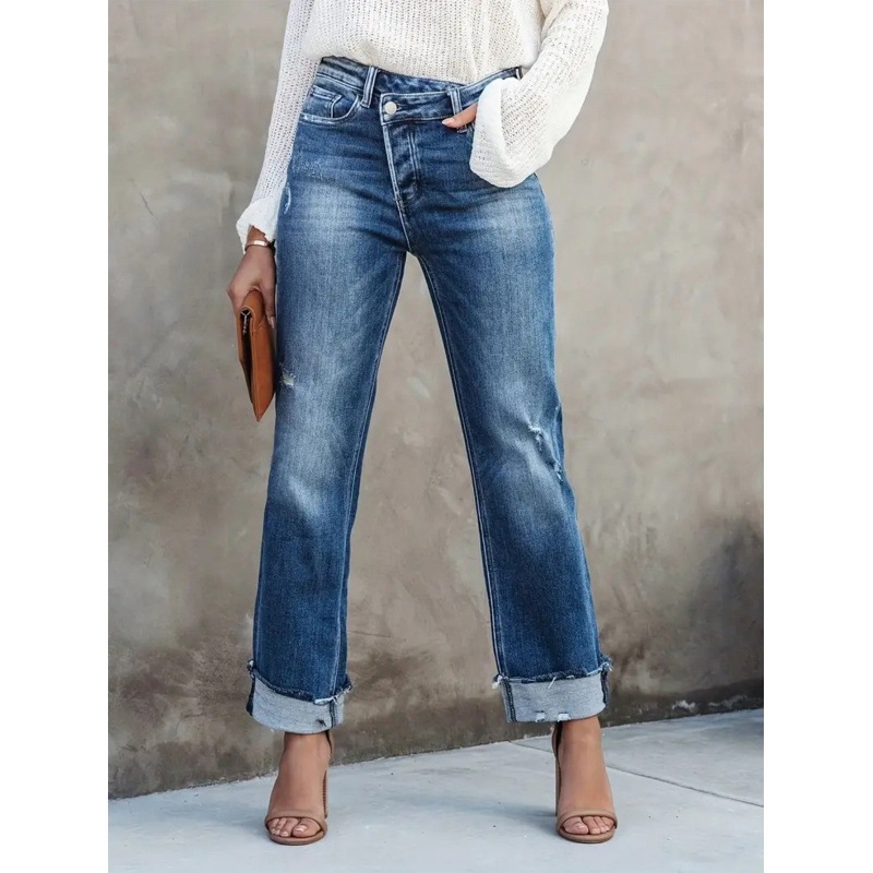 Jeans Rectos para Mujer de Mezclilla de Algodón de Tiro Alto