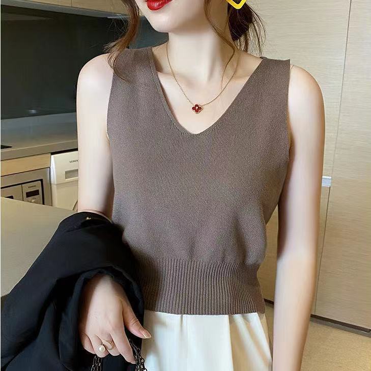 Suit Base Shirt Women's Summer Ice Silk V-Neck Vest Top French Chic Small Sling Knitwear Outer Wear