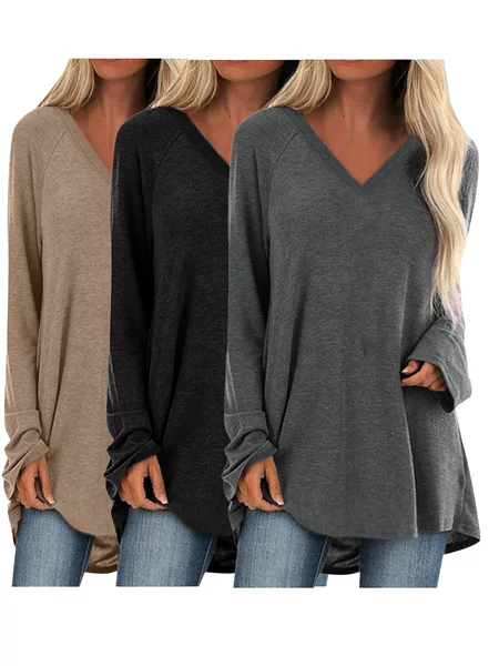 Cross-Border Style T-Shirt for Daily Casual Wear, Women's V-Neck Long-Sleeve Swallowtail Long T-Shirt, Three-Piece Set T-Shirt