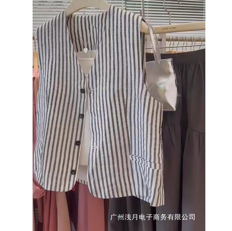 Highly Recommended~ Boutique-Exclusive Foreign Trade Women's Clothing, Japanese Style Vertical Striped Linen Sleeveless Vest Shirt for Women Highly Recommended~ Boutique-Exclusive Foreign Trade Women's Clothing, Japanese Style Vertical Striped Linen Sleeveless Vest Shirt for Women